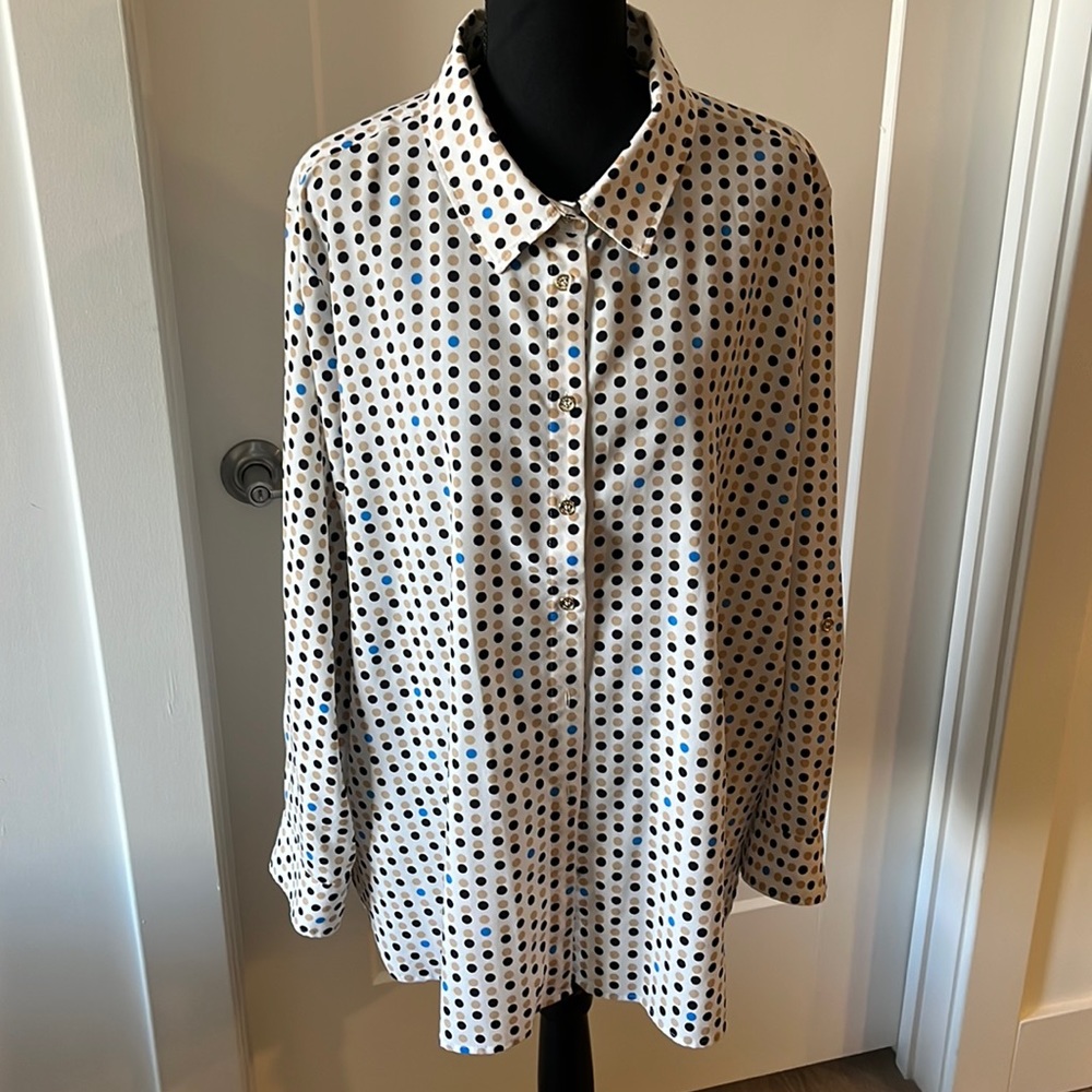White Long Sleeve with black, tan, and blue Polka Dot Button Down